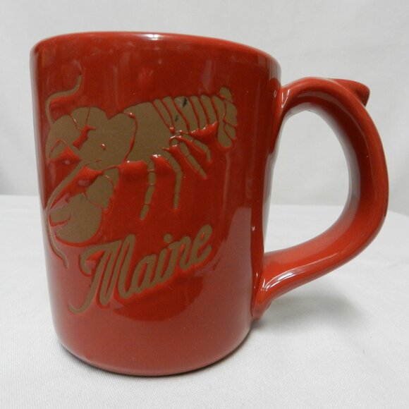 Maine etched Lobster Studio Pottery Mug Cup w/ Thumb Rest red stoneware NEW - Picture 1 of 10